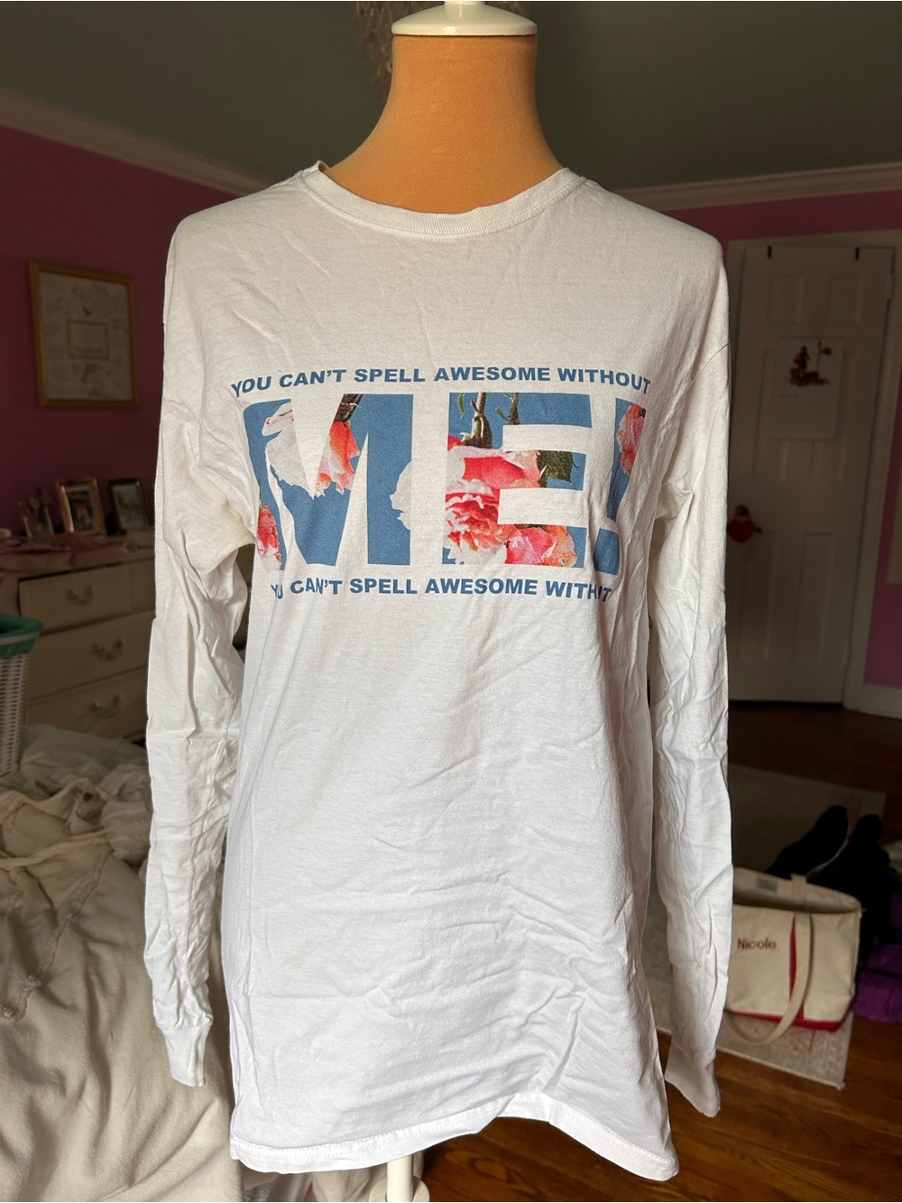 Taylor Swift White Long-Sleeve 'ME!' Graphic Tee with Floral Accents